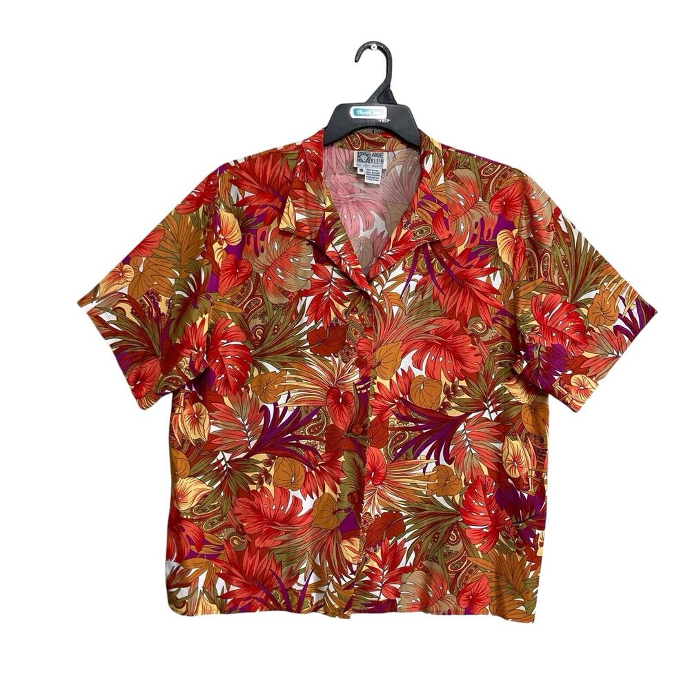 Anne Klein Button-Down Blouse Top Womens Sz 16 Multicolored Floral Short Sleeve